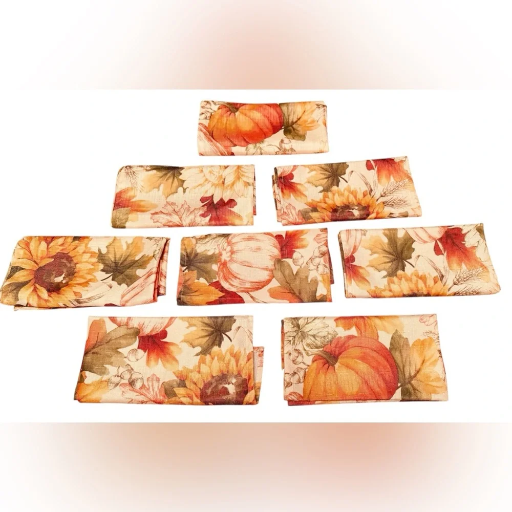 NWOT Set of 8 cloth napkins linen look autumn fall harvest pumpkins sunflowers